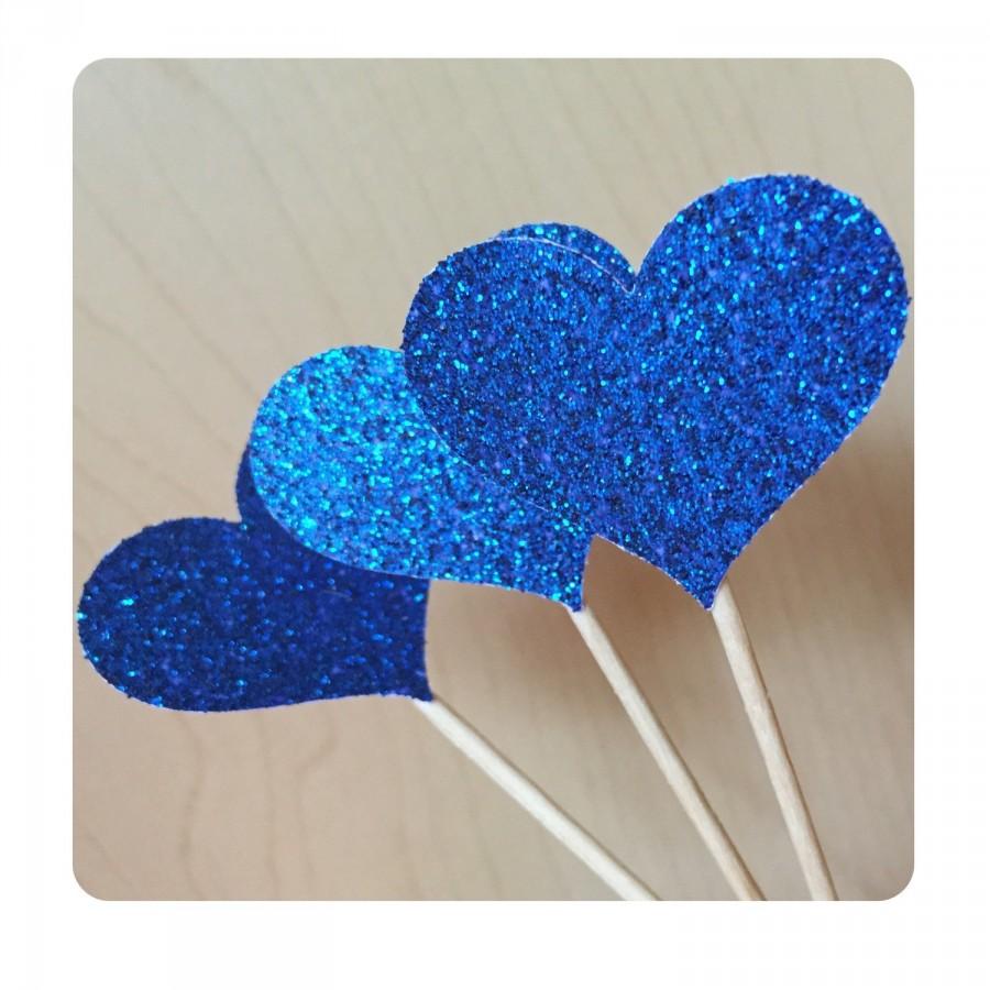 Hochzeit - 12 Sparkling ROYAL BLUE HEART Cupcake Toppers Wedding Cake Decorations Food Picks