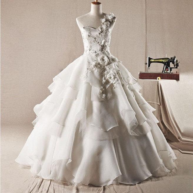 Wedding - Free Shipping 2013 New Gorgeous One Shoulder Flowers Beaded Lace on Satin and Organza Material Ball Gown Wedding Dress/Wedding Gown WD0005