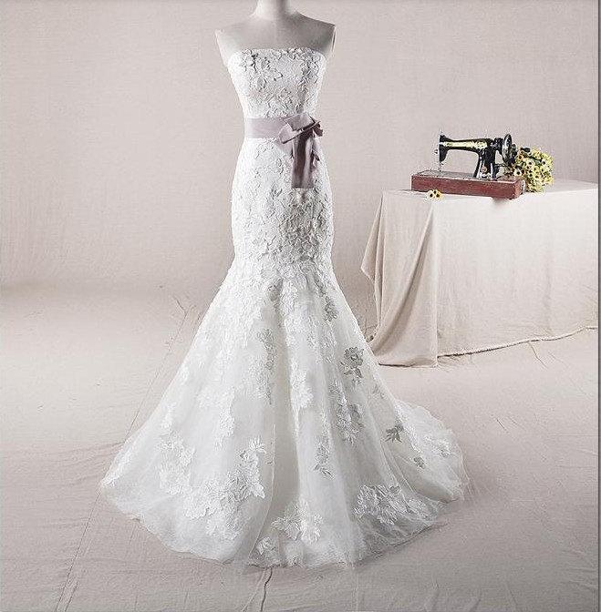 Hochzeit - Free Shipping 2013 New Style Gorgeous Strapless Lace Appliques Mermaid Luxury Wedding Dress/Wedding Gown with Sash WD0014