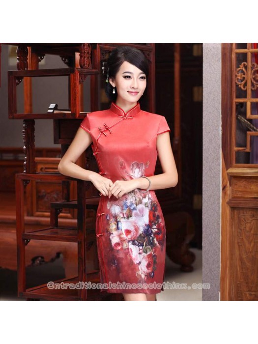 Wedding - Eight button oil painting flower short modern qipao Chinese silk cheongsam red dress