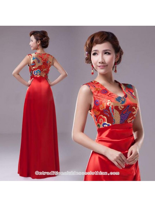 Wedding - Dragon brocade floor length A-line evening gown red Chinese wedding dress