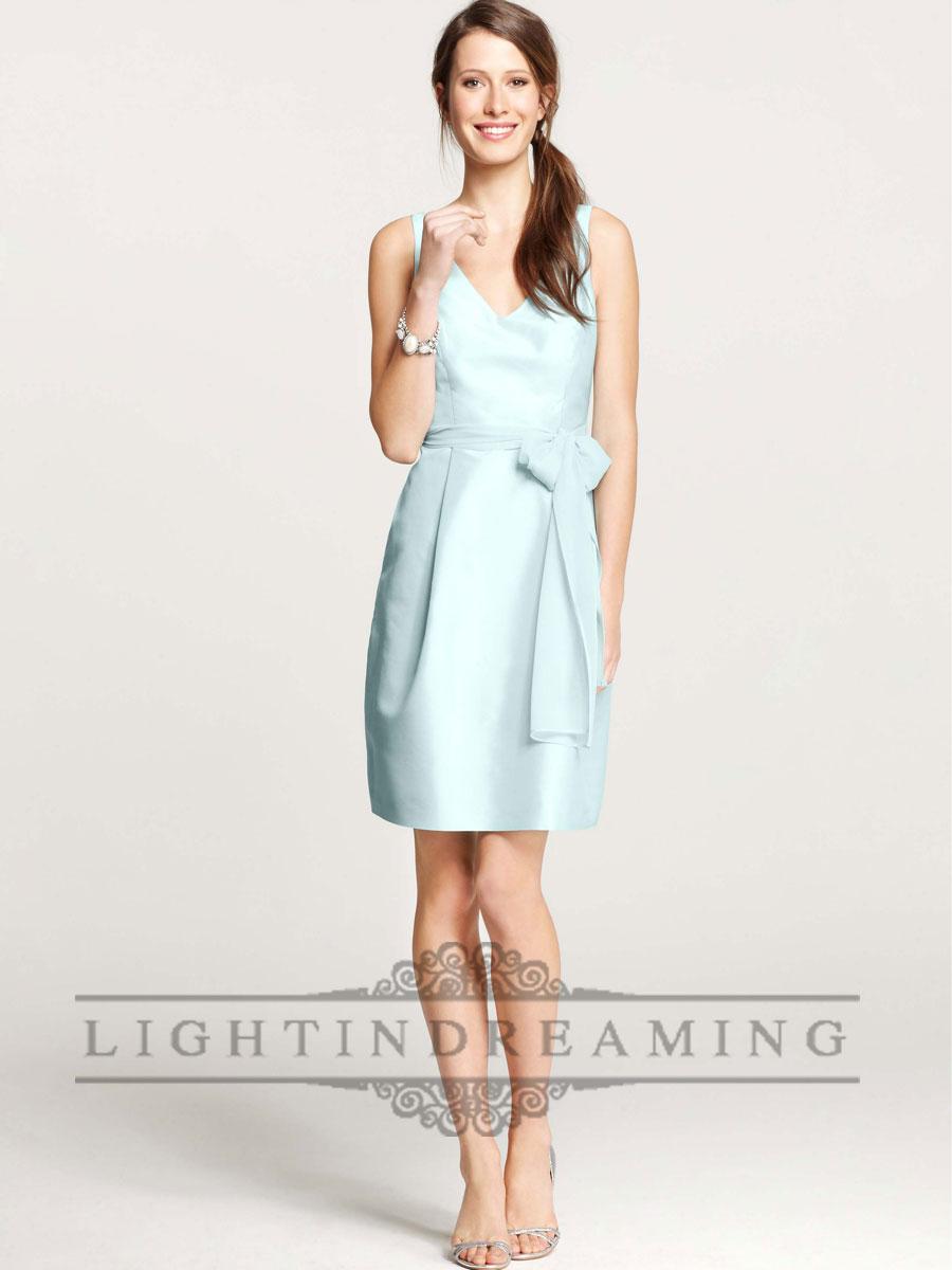 زفاف - Elegent Straps V-neck Knee Length Bridesmaid Dresses with Waist Belt - LightIndreaming.com