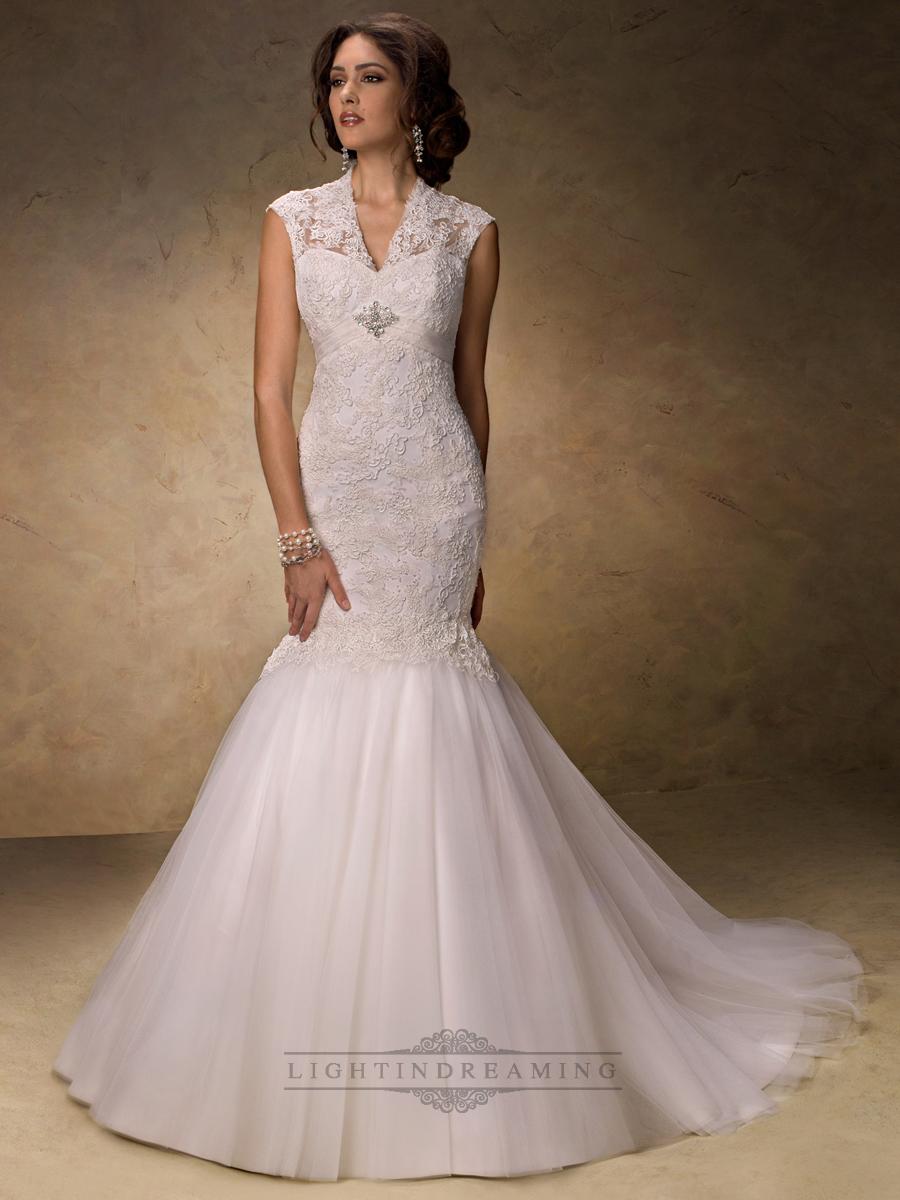 زفاف - Fit and Flare V-neck Lace Wedding Dresses with Illusion Sleeves - LightIndreaming.com