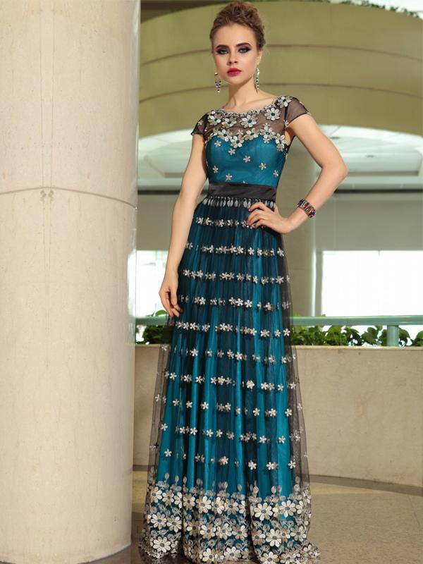 Mariage - Floral Sheer Cap Sleeves Jewel Neck A-line Floor Length Formal Dresses - LightIndreaming.com