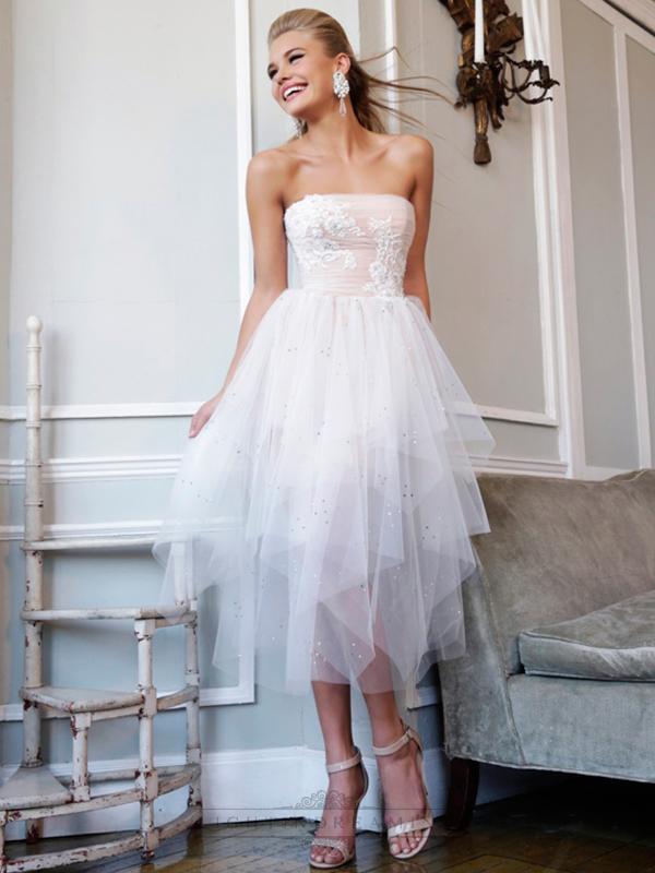 Mariage - Ivory Strapless Floral Embellished Bodice Tea Length Prom Dresses - LightIndreaming.com