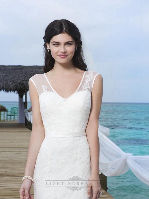 زفاف - Lace Appliques And Satin Trim On Sheer V-Tank Asymmetrically Draped Tulle Wedding Gown - LightIndreaming.com
