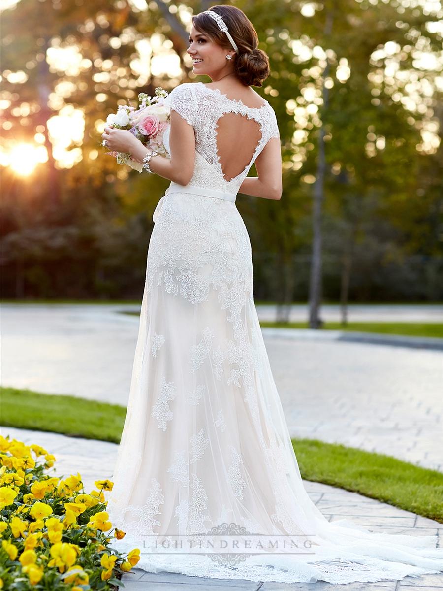 Mariage - Lace Over Illusion Cap Sleeves V-neck Wedding Dresses with Keyhole Back - LightIndreaming.com