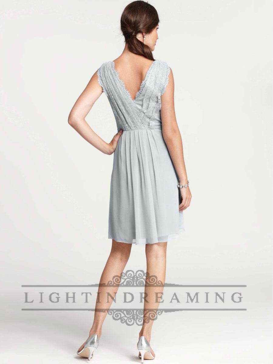 Wedding - Lace Tank V-neck and V-back Pleated Knee Length Bridesmaid Dresses - LightIndreaming.com