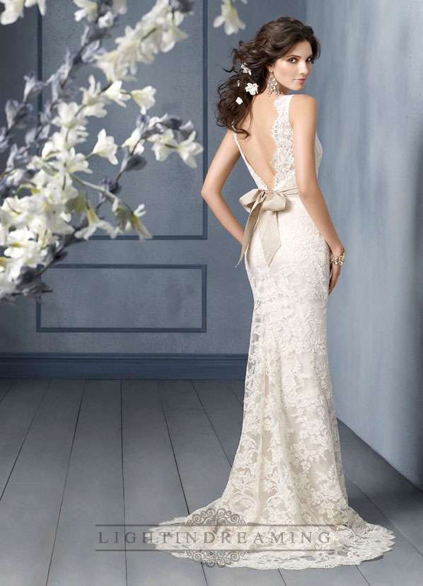 Свадьба - Scallop Bateau Neckline A-line Lace Open Back Wedding Dresses with Sweep Train - LightIndreaming.com