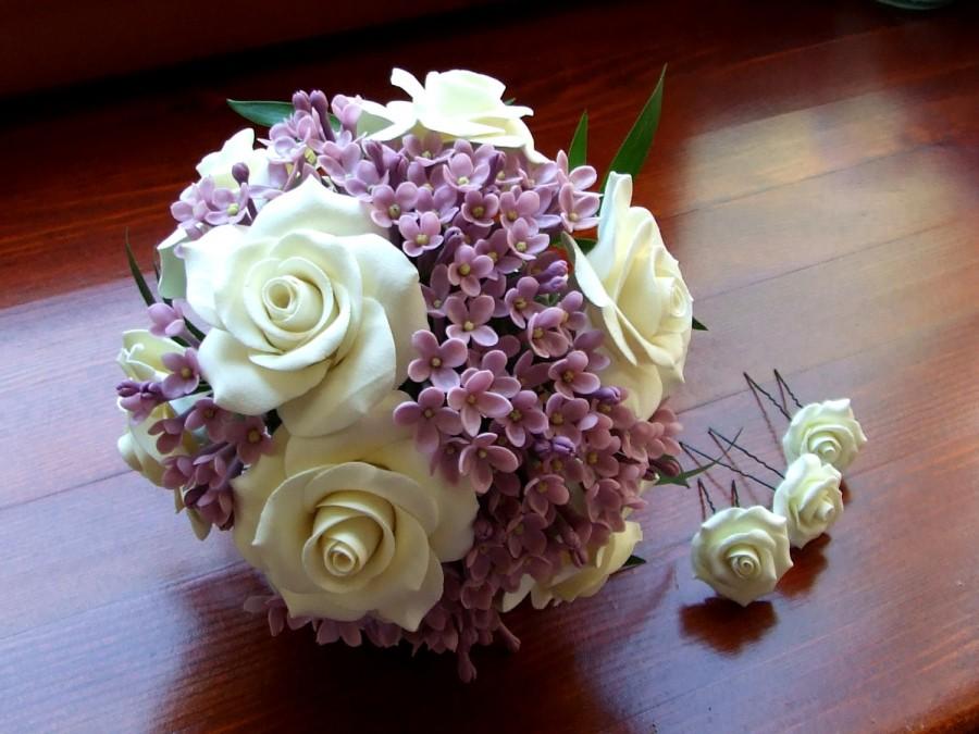زفاف - Alternative bouquet, wedding bouquet, bouquet of handmade bridal bouquet, bouquet of polymer clay, ivory roses and lilac