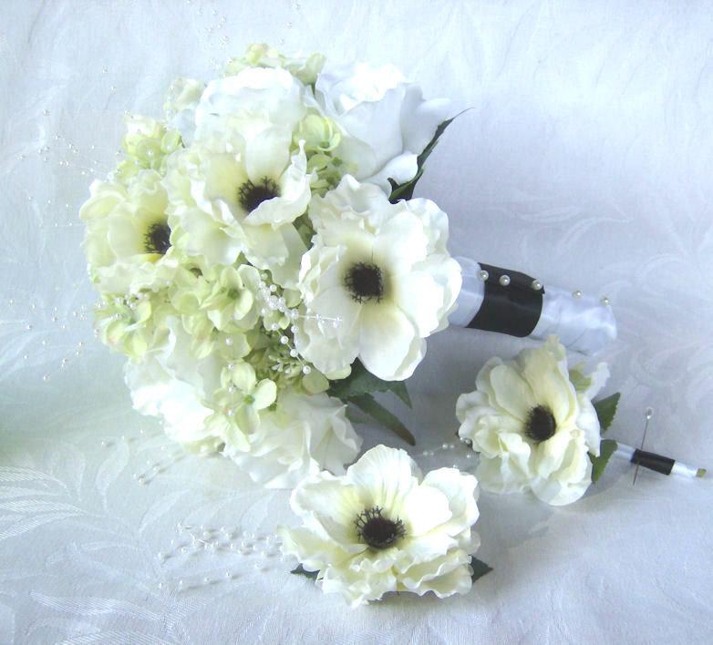 Hochzeit - Anemone wedding bouquet boutonniere hair clip elegant black and white anemone green hydrangea 3 piece bridal bouquet