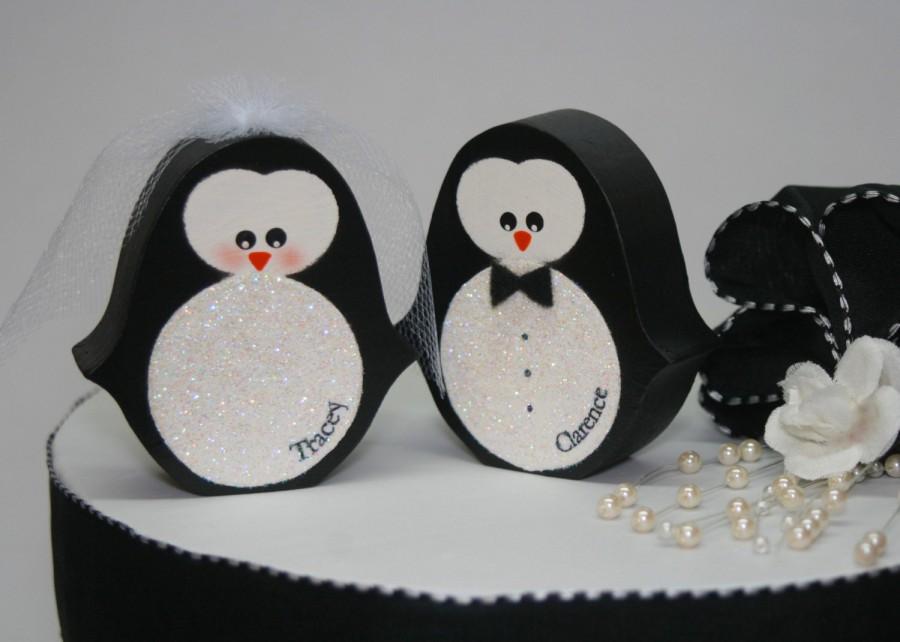 Hochzeit - Penguins Wedding Cake Topper WITH NAMES Penguin Winter Wedding