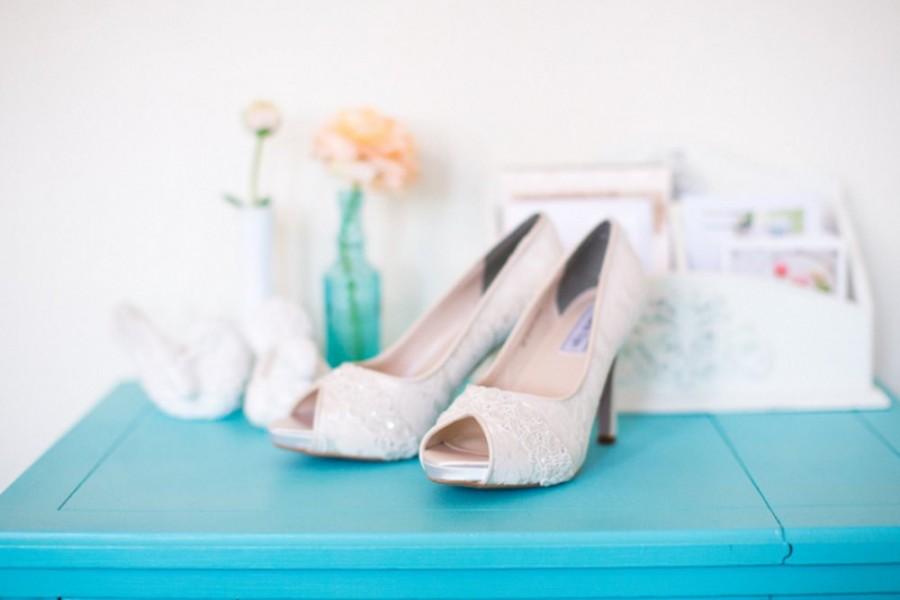 Hochzeit - Lace wedding shoes peep toe platform high heel bridal shoes embellished with Swarovski crystal and ivory beaded trim