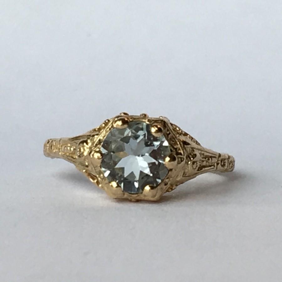 Wedding - Vintage Aquamarine Ring with 14k Yellow Gold Filigree Setting. 1+ Carat. Unique Engagement Ring. March Birthstone. 19th Anniversary Gift.