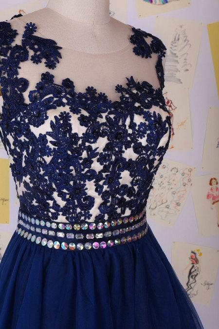 زفاف - Navy Blue Beading Lace Short Prom Dress, Lace Knee Length Homecoming Dress, Party Dress, Organza Prom Sweetheart Dress