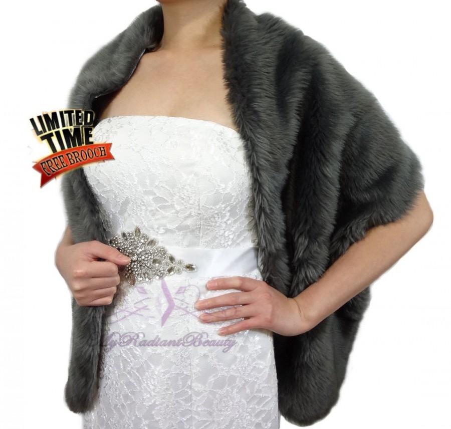 زفاف - Faux Fur Wrap, WINTER SALE, Bridal Dark Gray Faux Fur Long Shawl, Fur Shrug, Faux Fur Stole, Bridal Fur Wrap, Bridal Stole 62" LW108-D.GRAY