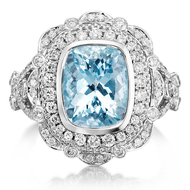 زفاف - Aquamarine Engagement Ring  3.75tw 18k White Gold & Diamond Aquamarine Vintage Art Deco Style  Engagement Wedding Anniversary Ring