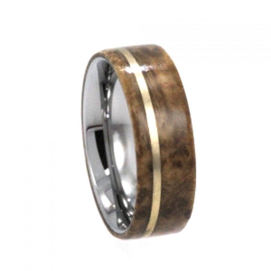 Hochzeit - Titanium Ring, Black Ash Burl Wood Band, 14K Yellow Gold Pinstripe, Wooden Wedding Band, Ring Armor Included