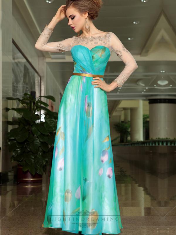 زفاف - Print Aqua Sheer Long Sleeve Jewel Neckline Long Formal Dresses - LightIndreaming.com