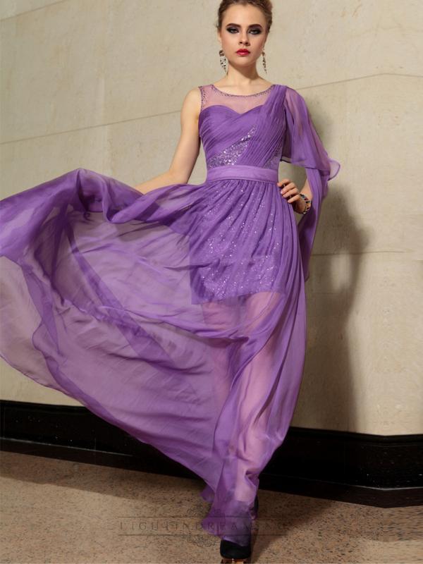 زفاف - Purple Illusion Jewel Neckline Single Flutter Sleeve Long Formal Dresses - LightIndreaming.com