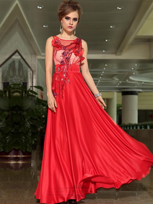 Wedding - Red Floral Appliques Sheer Bateau Neck A-line Floor Length Formal Dresses - LightIndreaming.com