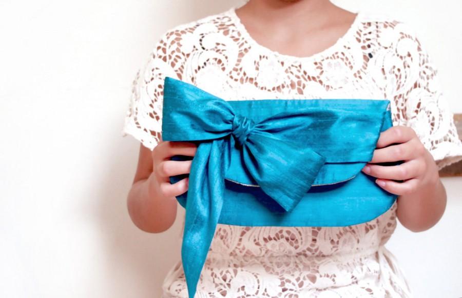 Wedding - Bridesmaids gift idea, Silk wedding clutches, Peacock blue