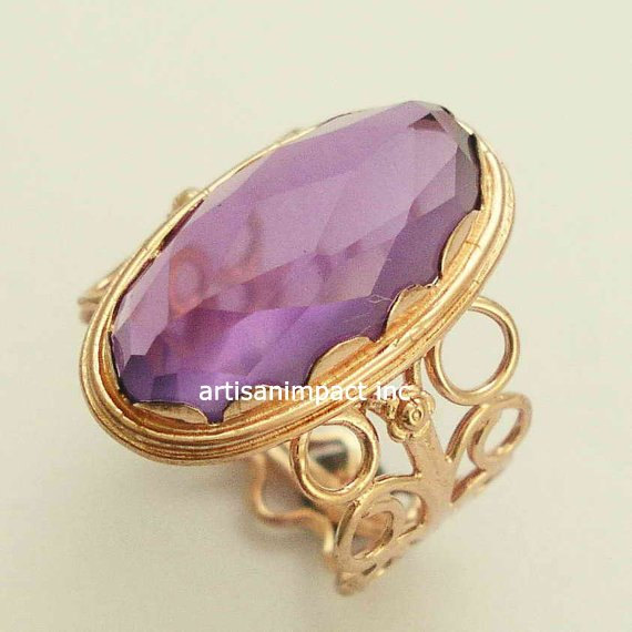 Hochzeit - 14k Rose Gold Ring, Rose Cut Stone Ring, Amethyst Gemstone, February Birthstone, Statement Cocktail Ring, Antique Ring - Sunkissed RG1252-6