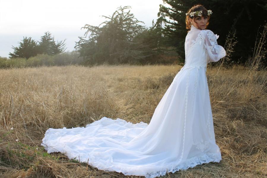 Wedding - MEADOW Vintage 1980's Wedding Dress White Princess Cut Long Sleeve Lacy Cuffs Maxi Gown with Train Floral Applique Bridal