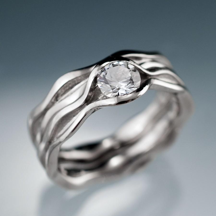زفاف - White Sapphire Bridal Rings, Wave Wedding Ring, Bridal Set Sapphire Engagement Ring, in Palladium, White Gold, Rose Gold or Yellow Gold