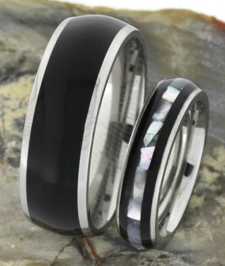 Свадьба - Ebony Wood with Mother of Pearl Inlay, Wedding Band Set, Ring Armor Included
