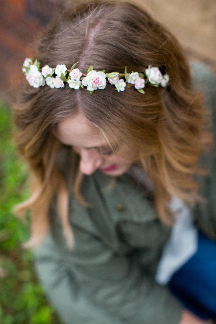Mariage - Bridal Floral Headpiece, Floral Crown, Flower Headband, Flower Crown, pink rose, pink wedding, Woodland, spring, summer, Bridal headpiece,