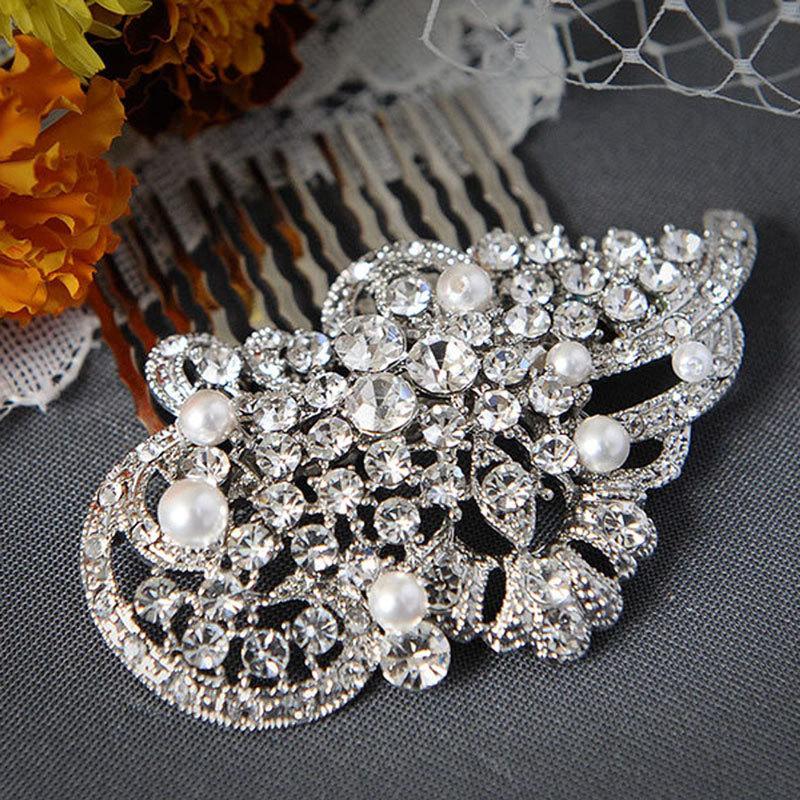 Wedding - ALICE - Vintage Style Rhinestone and Swarovski Crystal Pearl Bridal Hair Comb, White, Ivory or Champagne Art Deco Wedding Hair Accessories