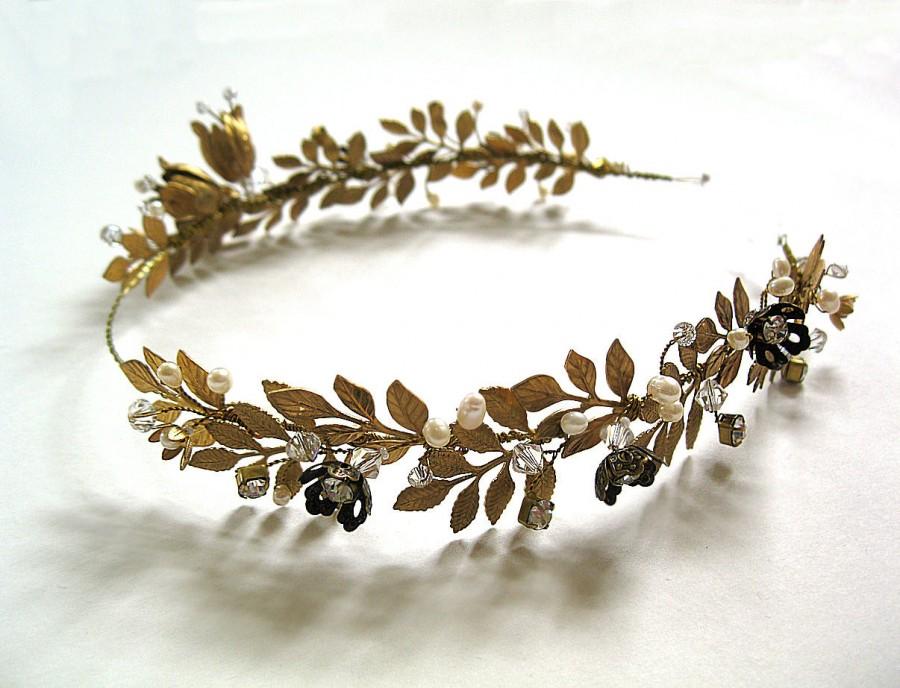 Mariage - Golden Girl halo headband bride brass gold pearl crystal leaves flowers