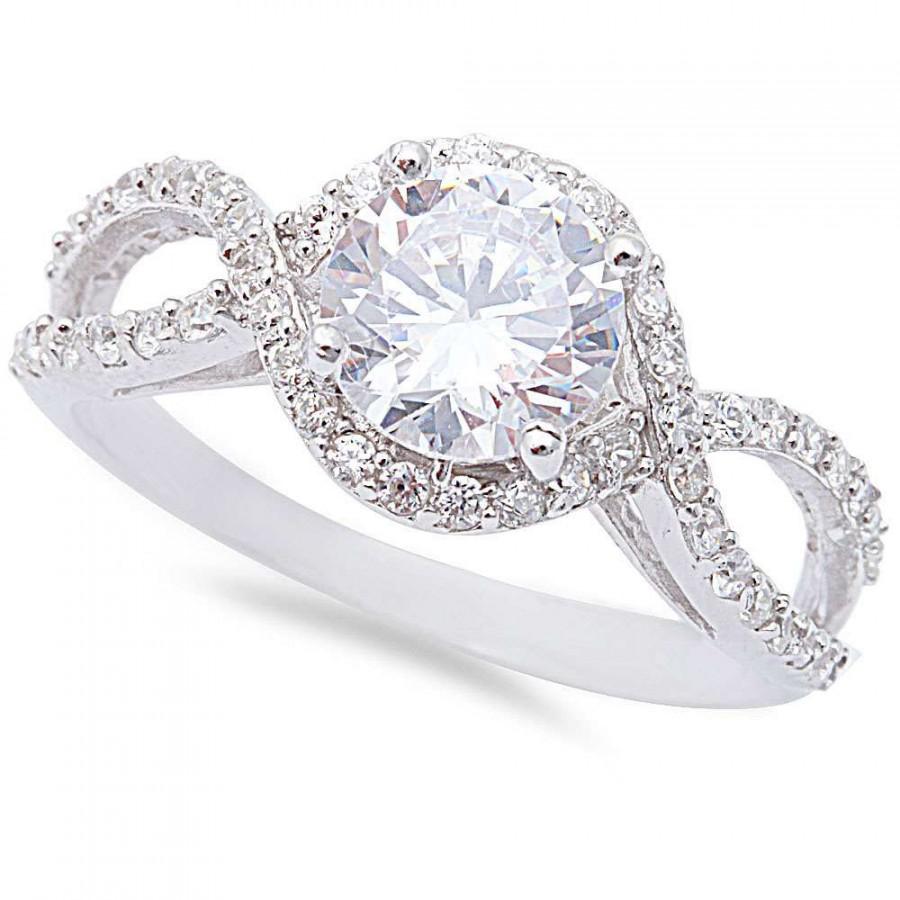 Hochzeit - Halo Solitaire Accent Wedding Engagement Ring Solid 925 Sterling Silver Crisscross Split Shank 1.30 Carat Round Russian Diamond CZ