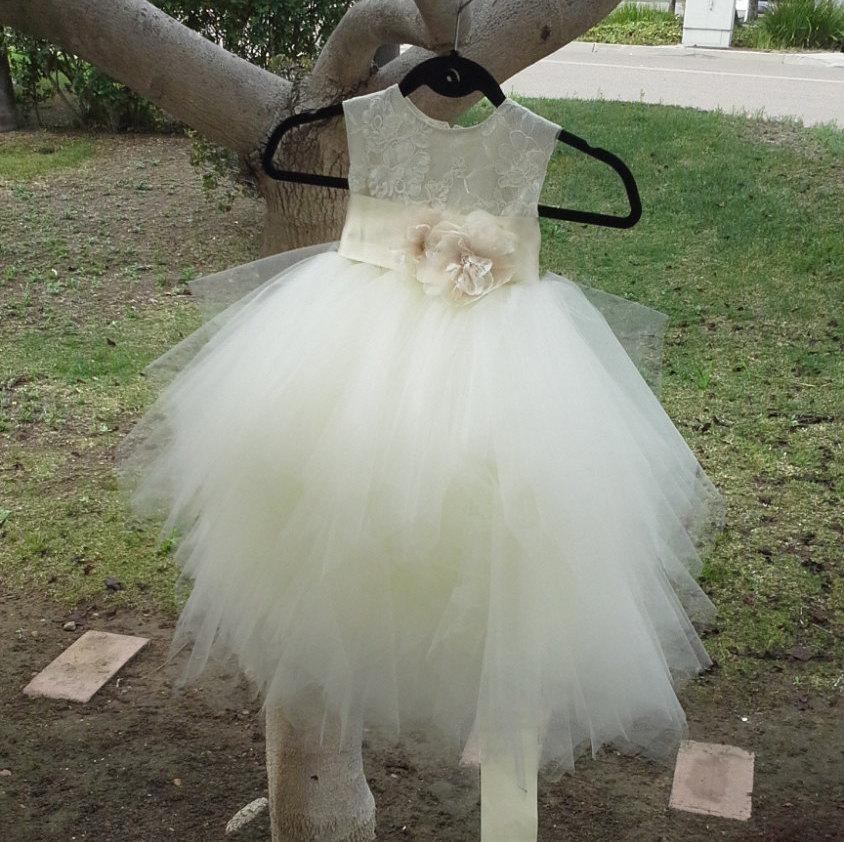 Mariage - New lace " lilly" Ivory poufy tulle skirt flowergirl dress  with lace ,satin sash and handmade flowers