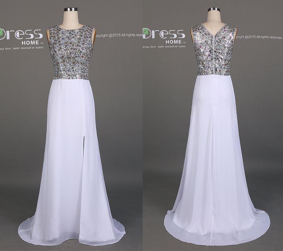 زفاف - 2016 Sweet 16 Silver Beading Long Prom Dress/Chiffon Long Prom Dress/V Back Beading Prom Dress/Custom Prom Dresses Long/Party Dress DH227