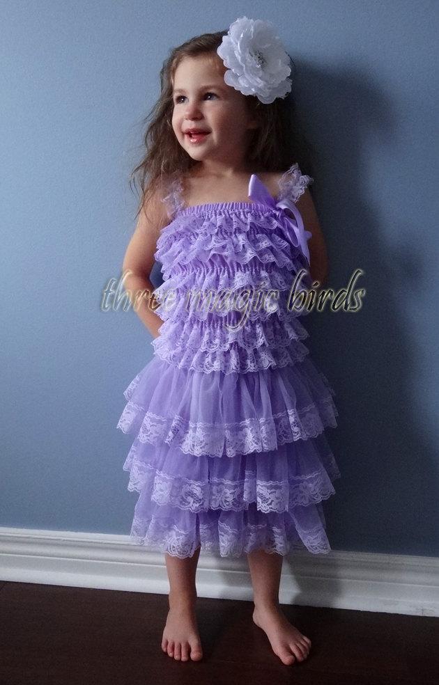 Mariage - LAVENDER Lace Flower Girl Dress Rustic Beach Wedding Special Occasion Birthday Country FlowerGirl Baby Easter Outfit Bridesmaid Destination