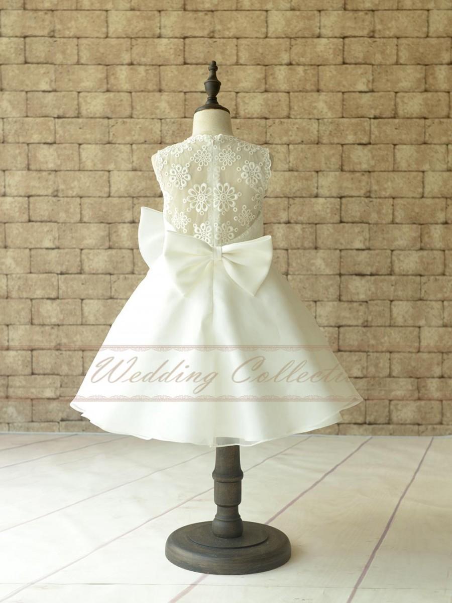 Свадьба - Sheer Lace Flower Girl Dress With Crystals Pearls and Elegant Bow