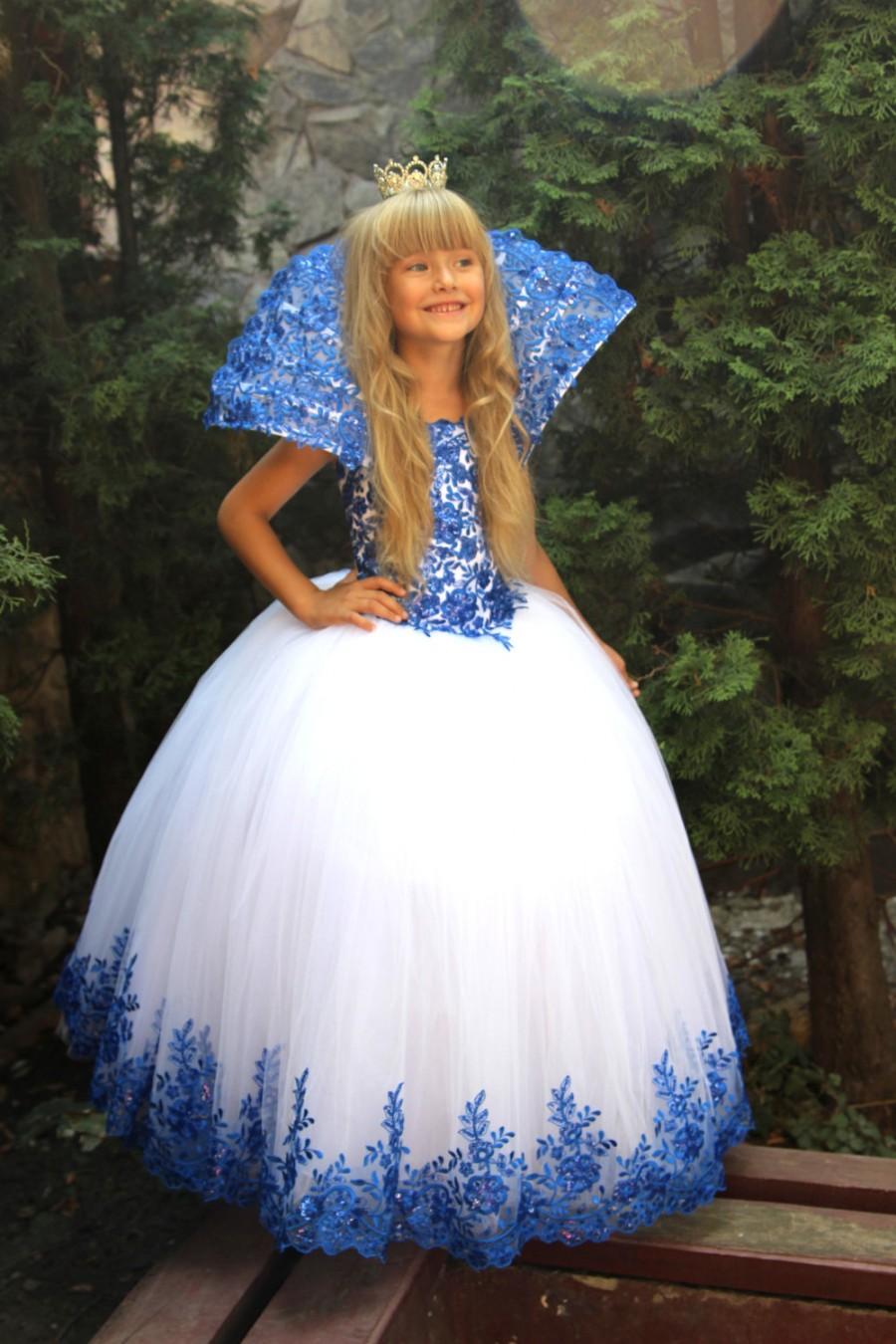 Wedding - White Blue Flower Girls Dress- Birthday Wedding Party Bridesmaid Blue and White Tulle The Snow Queen's Dress