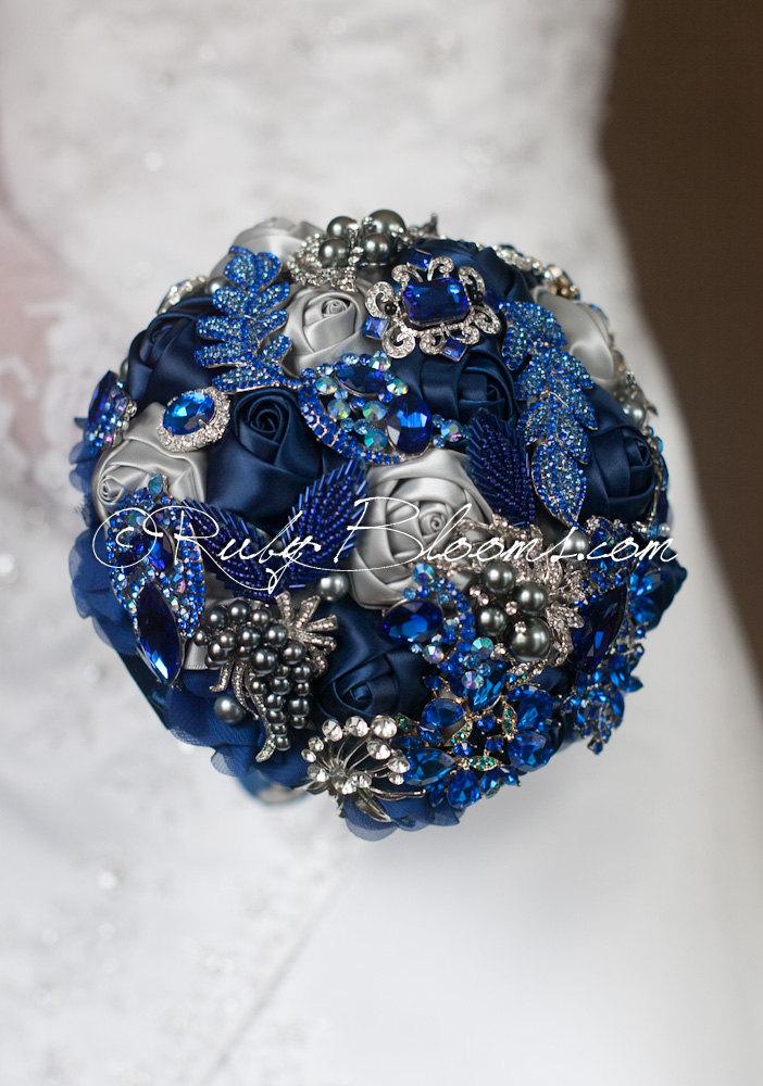 Hochzeit - Silver Grey, Royal Blue Wedding Brooch Bouquet. "Royal Blue" Navy Blue Wedding Bouquet. Jewelry Bridal Broach Bouquet by Ruby Blooms Wedding