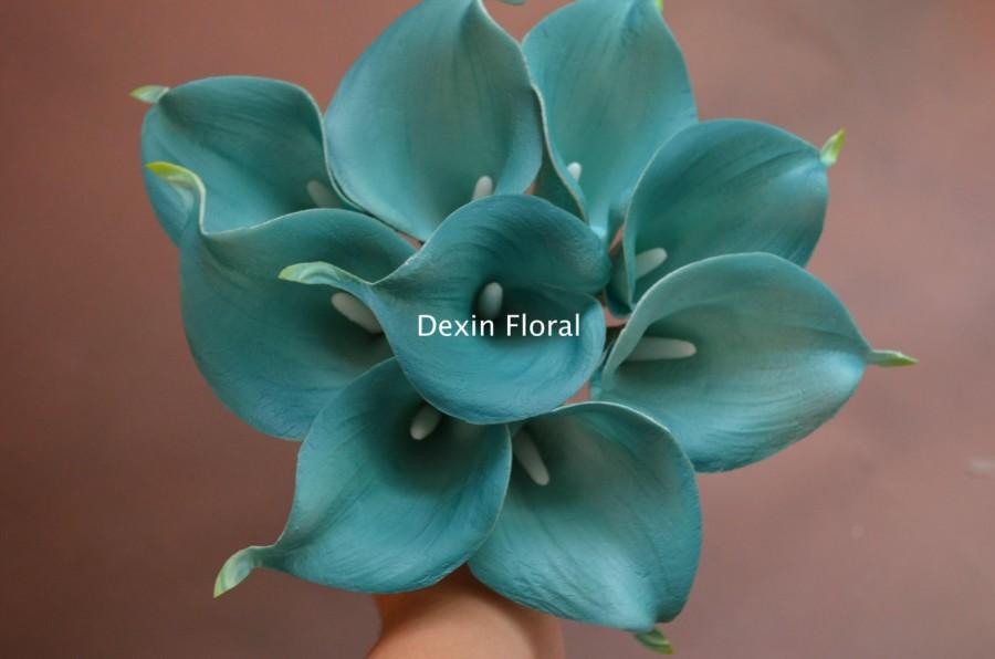 Mariage - NEW! Natural Real Touch Teal Blue Calla Lily Stems for Silk Wedding Bridal Bouquets, Centerpieces, Decorations