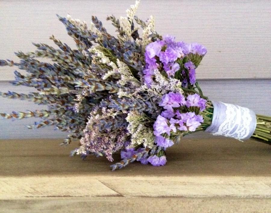 Wedding - Simple dried flower bridal bouquet with dried Lavender, Caspia and Statice. Wrapped with lace.