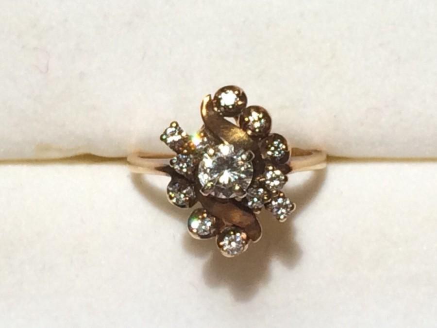 Wedding - Vintage Diamond Cluster Ring in 14K Yellow Gold. 13 Diamonds with 0.69 TCW. Unique Engagement Ring. April Birthstone. 10 Year Anniversary.