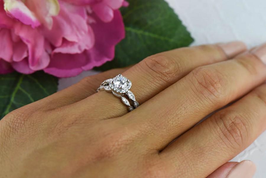 Mariage - 3/4 ctw Halo Wedding Set, Vintage Style Bridal Rings, Man Made Diamond Simulants, Art Deco Ring, Halo Engagement Ring, Sterling Silver