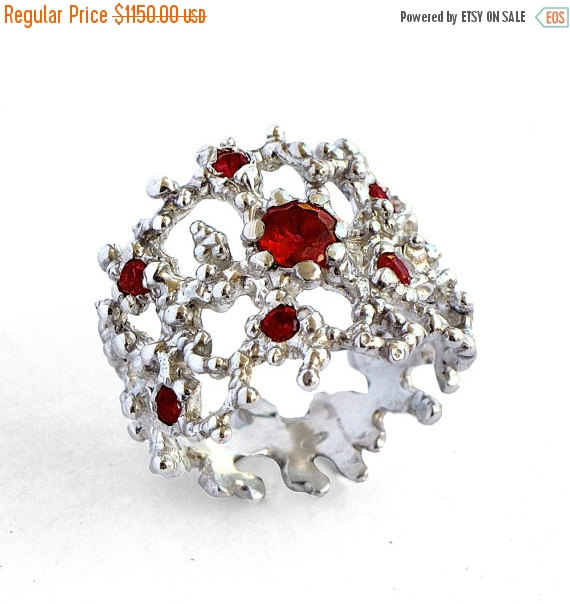Hochzeit - ON SALE - CORAL Red Garnet Ring, Gold Garnet Ring, January Birthstone Ring, 14k White Gold Ring with Gemstone, Statement Ring