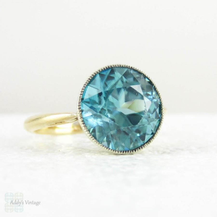 Wedding - Blue Zircon Solitaire Ring, Vintage Large Single Stone with 5.9 Carat Old Cut Blue Zircon in 18 Carat White & Yellow Gold, Mid 20th Century.