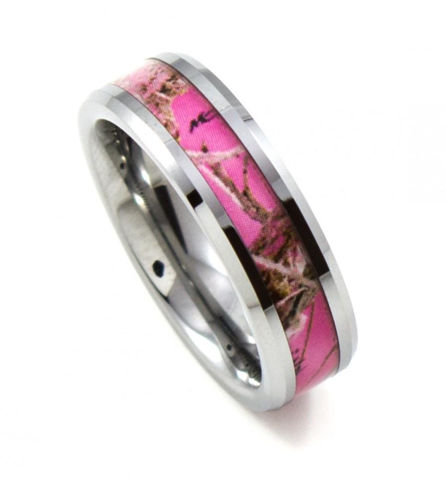 Свадьба - Ladies Pink CAMO Thin 6MM Tungsten Band, Beveled Edges, Promise Ring, Anniversary, Wedding Band, Comfort Fit Pink Ring