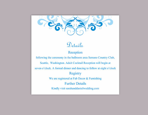 Mariage - DIY Wedding Details Card Template Editable Word File Instant Download Printable Details Card Aqua Blue Details Card Elegant Information Card