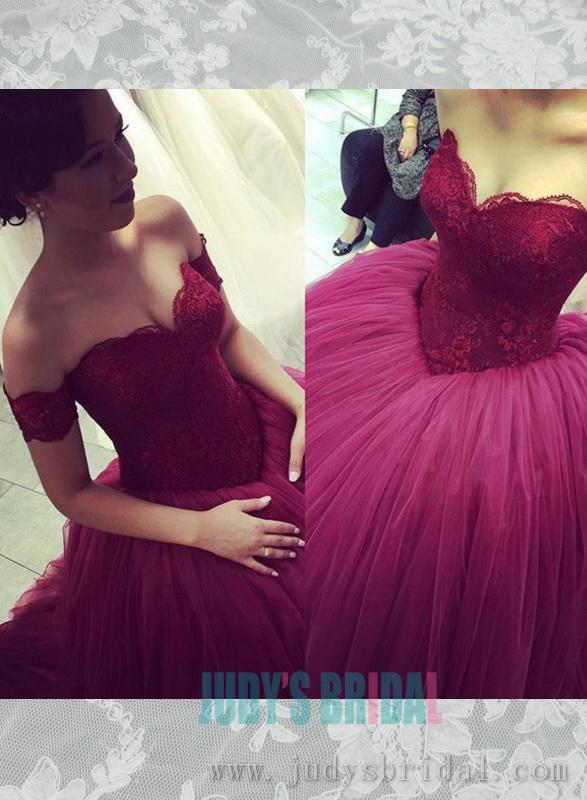 زفاف - Raspberry colored lace bodice tulle ball gown prom dress