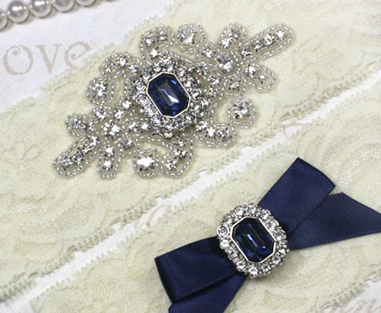 زفاف - RACHEL - Sapphire Blue Wedding Garter Set, Wedding Stretch Lace Garter, Rhinestone Crystal Bridal Garters, Something Blue